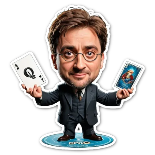 A cartoon picture of a man holding a pair of Q-cards.