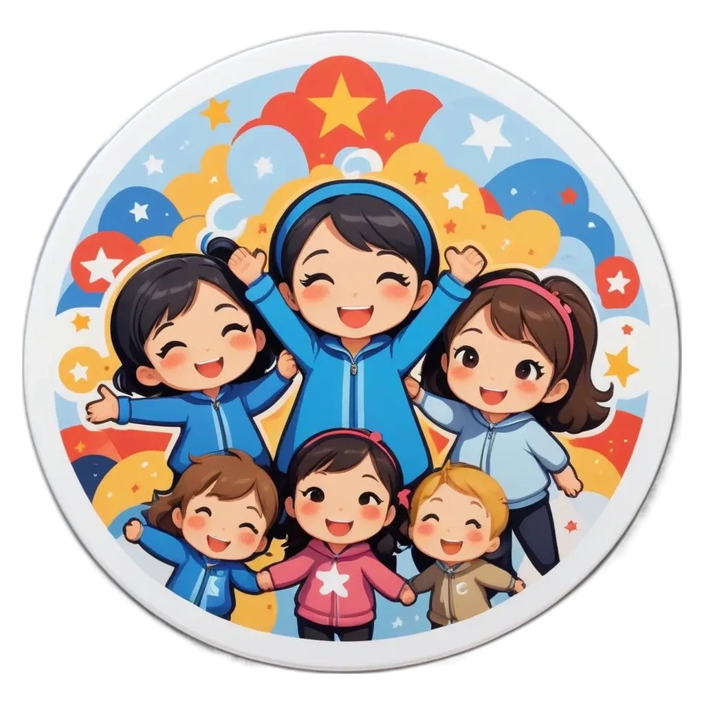 A round white surface with five girls and boys on it.