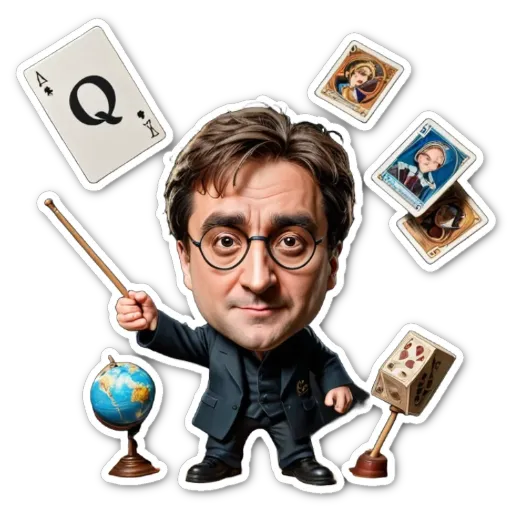 A cartoon picture of a man with a card game set.
