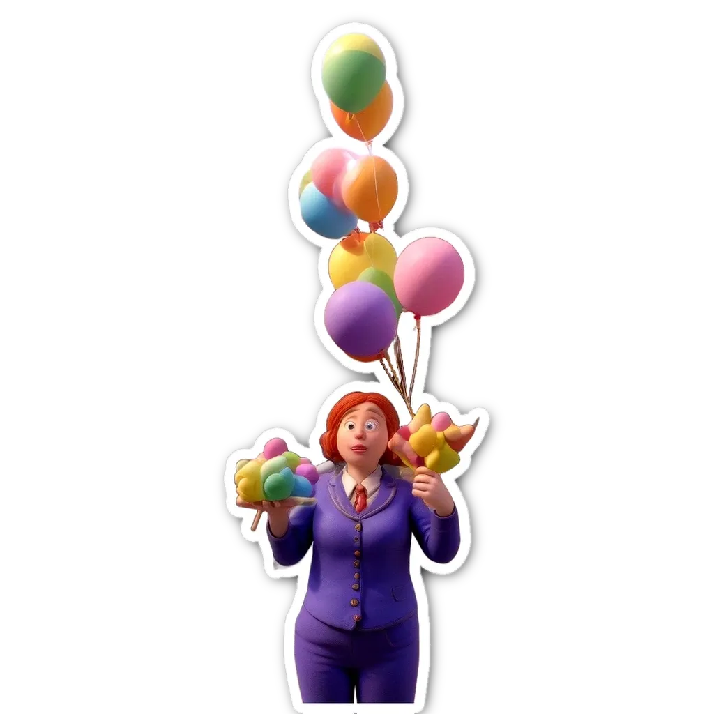 A woman in a purple suit holding a bunch of balloons.