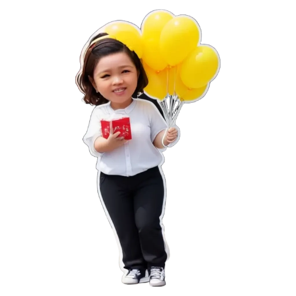A girl holding balloons is wearing a white shirt.