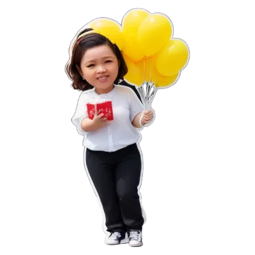 A girl holding balloons is wearing a white shirt.