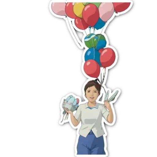 A woman holding balloons is pointing them towards the sky.