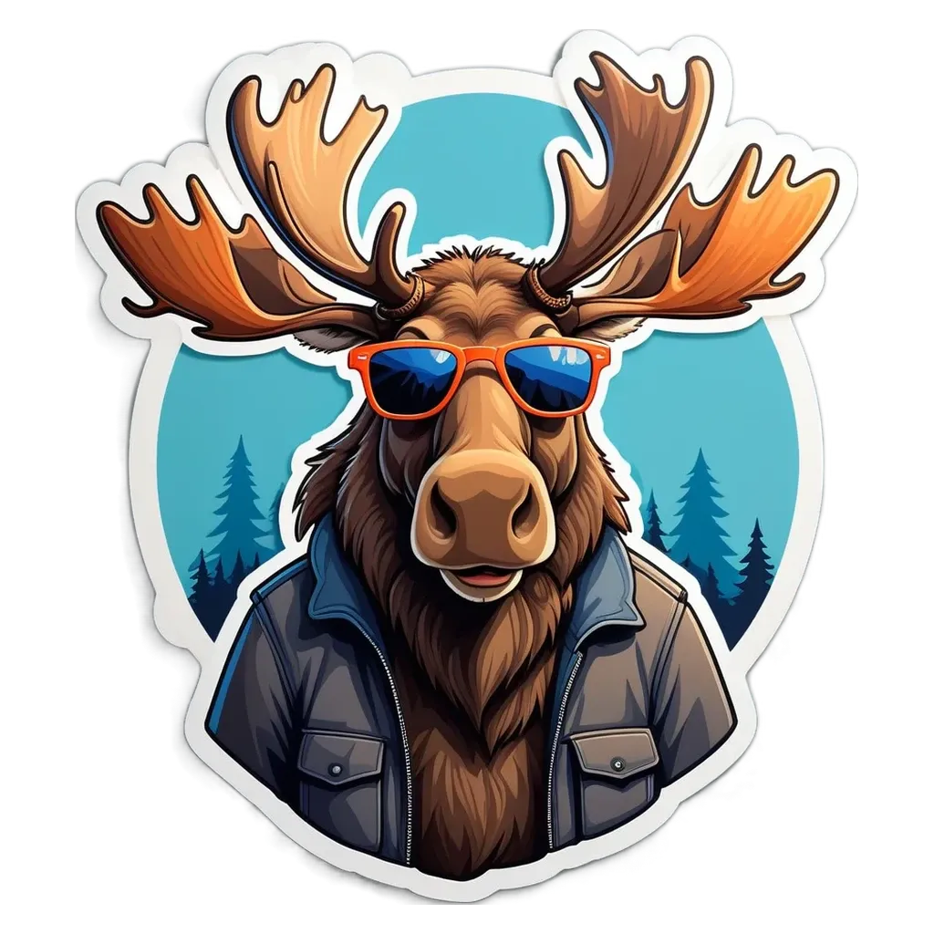 A moose with sunglasses is wearing a jacket.