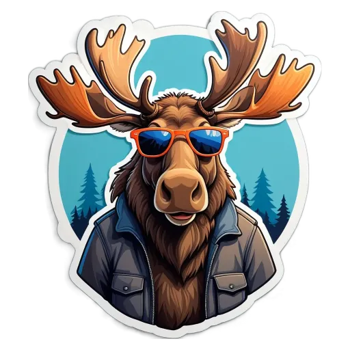 A moose with sunglasses is wearing a jacket.