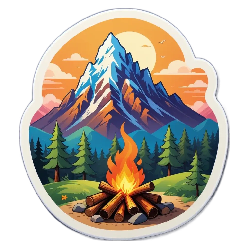 A scene of a campfire with mountains in the background.