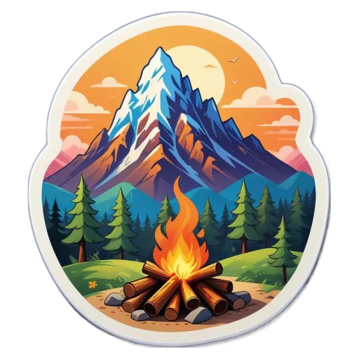 A scene of a campfire with mountains in the background.