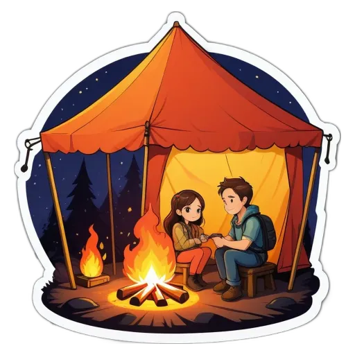 A man and woman sitting outside at a campfire.