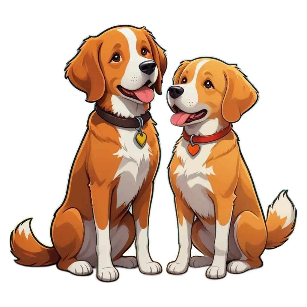 Two dogs are sitting next to each other with cartoon like expressions.