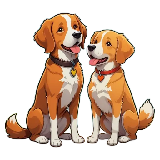 Two dogs are sitting next to each other with cartoon like expressions.