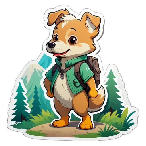 A cartoon dog with a backpack standing on a grassy area with trees.