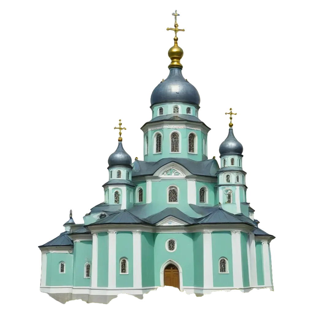 A large blue and white church with a black background.