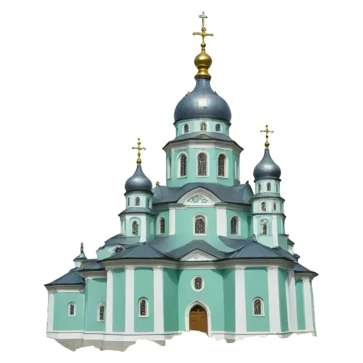 A large blue and white church with a black background.