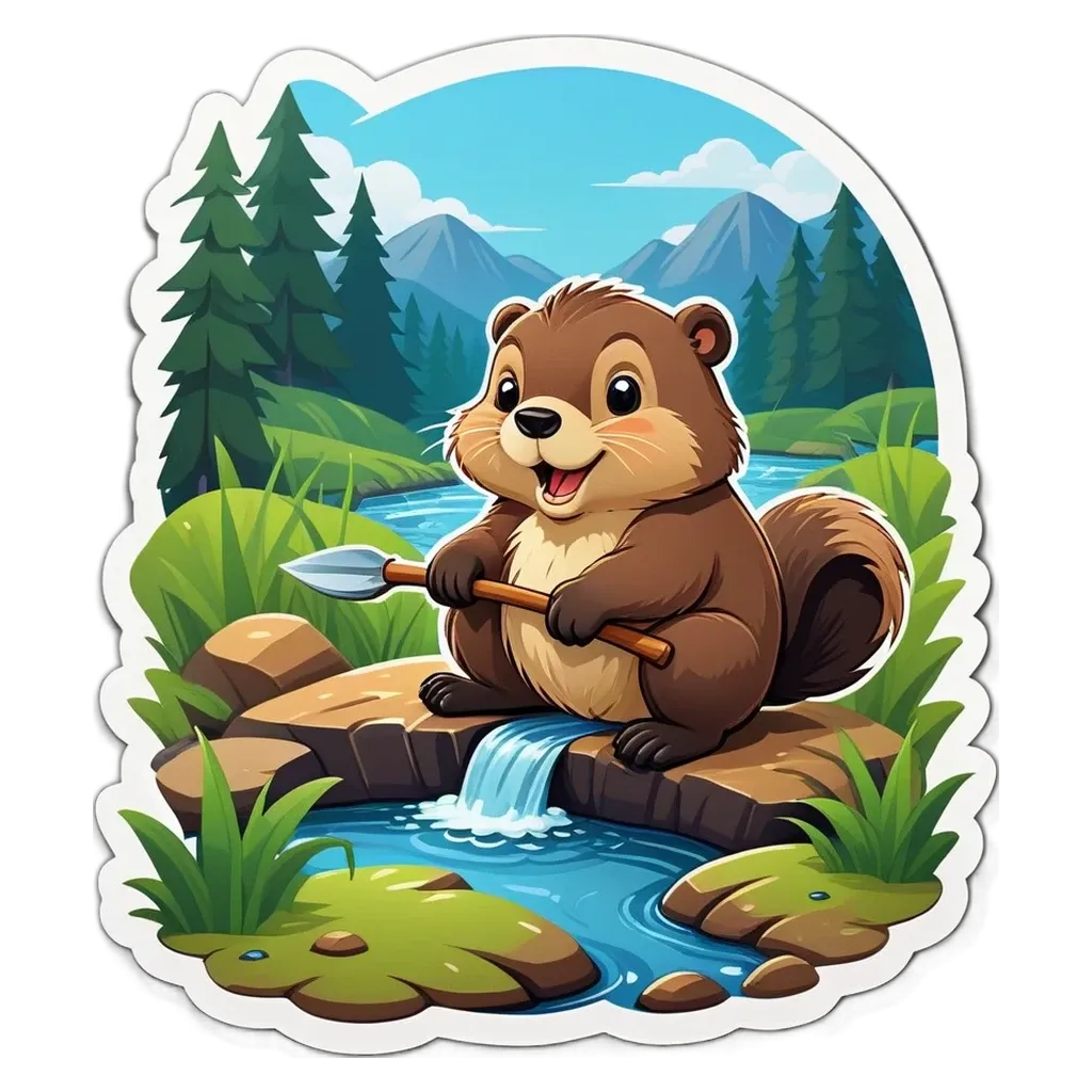 A cartoon animal holding a stick in a forest.