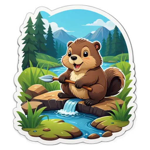 A cartoon animal holding a stick in a forest.