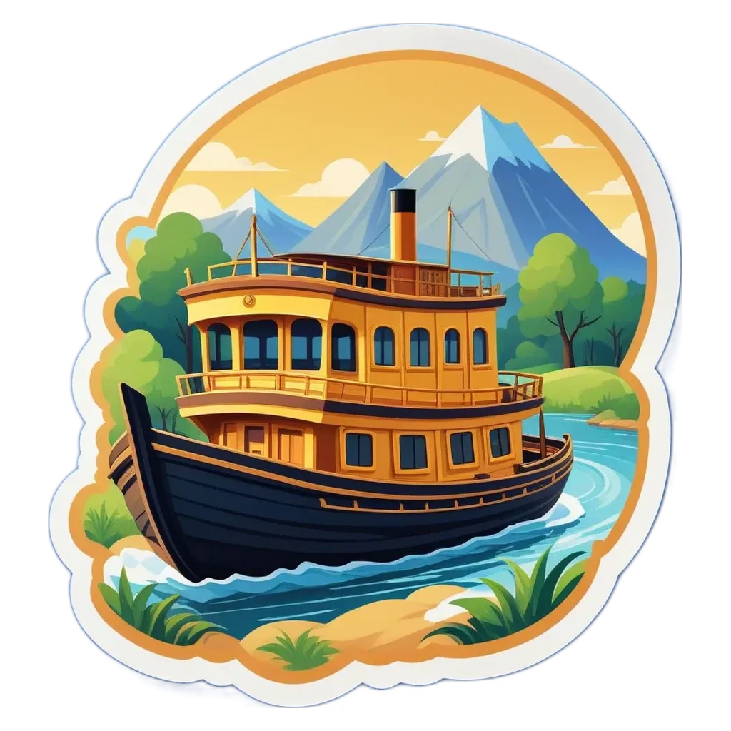 A sticker of a boat on a black and white background.