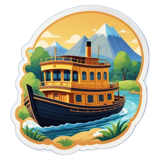 A sticker of a boat on a black and white background.