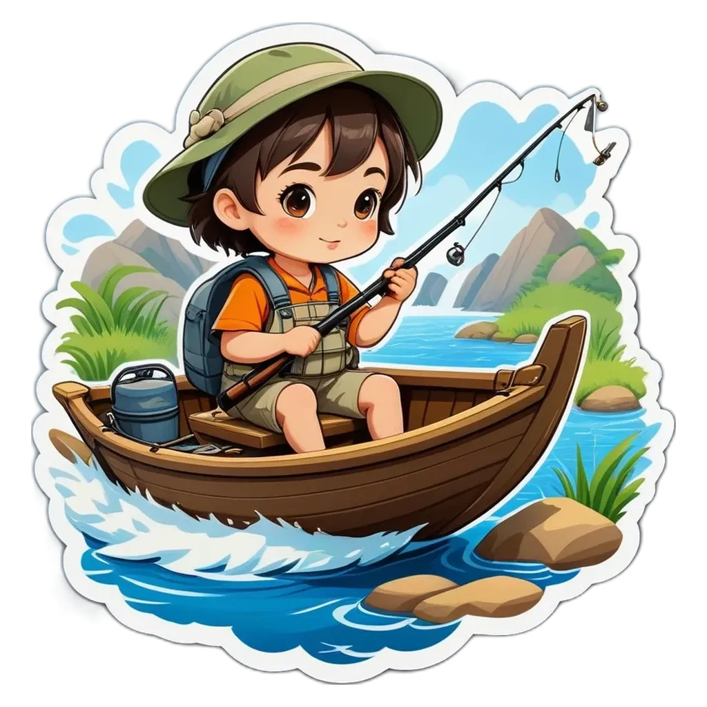 A cartoon girl is fishing on a boat.
