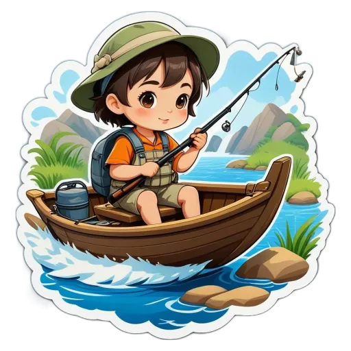 A cartoon girl is fishing on a boat.