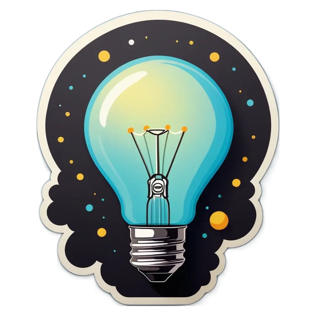 A sticker of an light bulb that says "ideas are like light bulbs" on a black background.