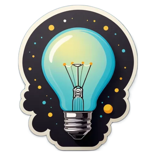 A sticker of an light bulb that says "ideas are like light bulbs" on a black background.