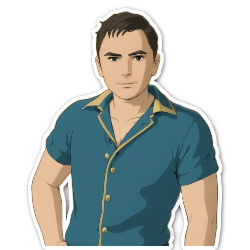 A sticker of a man with a blue shirt and no arms or legs.