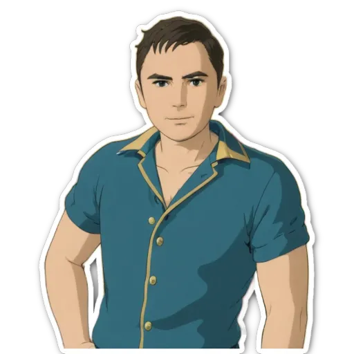 A sticker of a man with a blue shirt and no arms or legs.