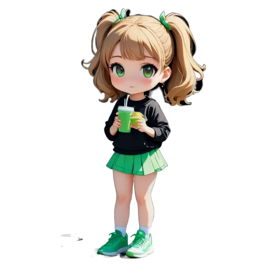 A girl drinking out of a green cup is standing in front of a black and white background.