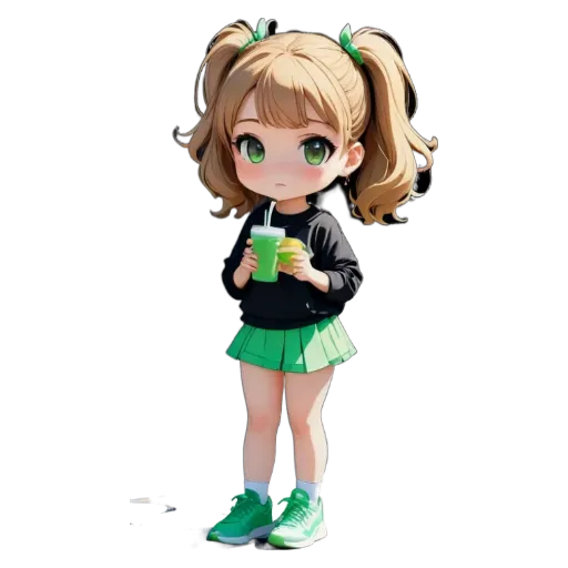 A girl drinking out of a green cup is standing in front of a black and white background.