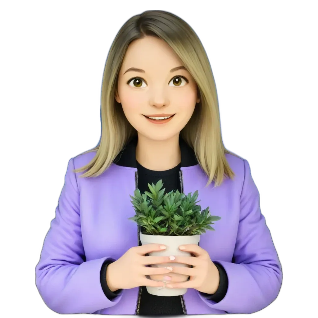 A woman holding a plant in a white pot.
