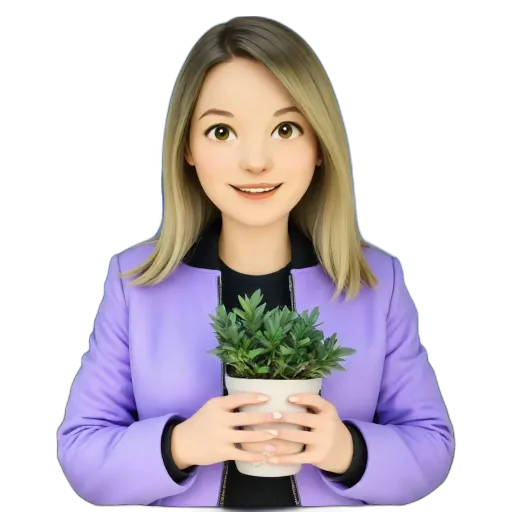 A woman holding a plant in a white pot.