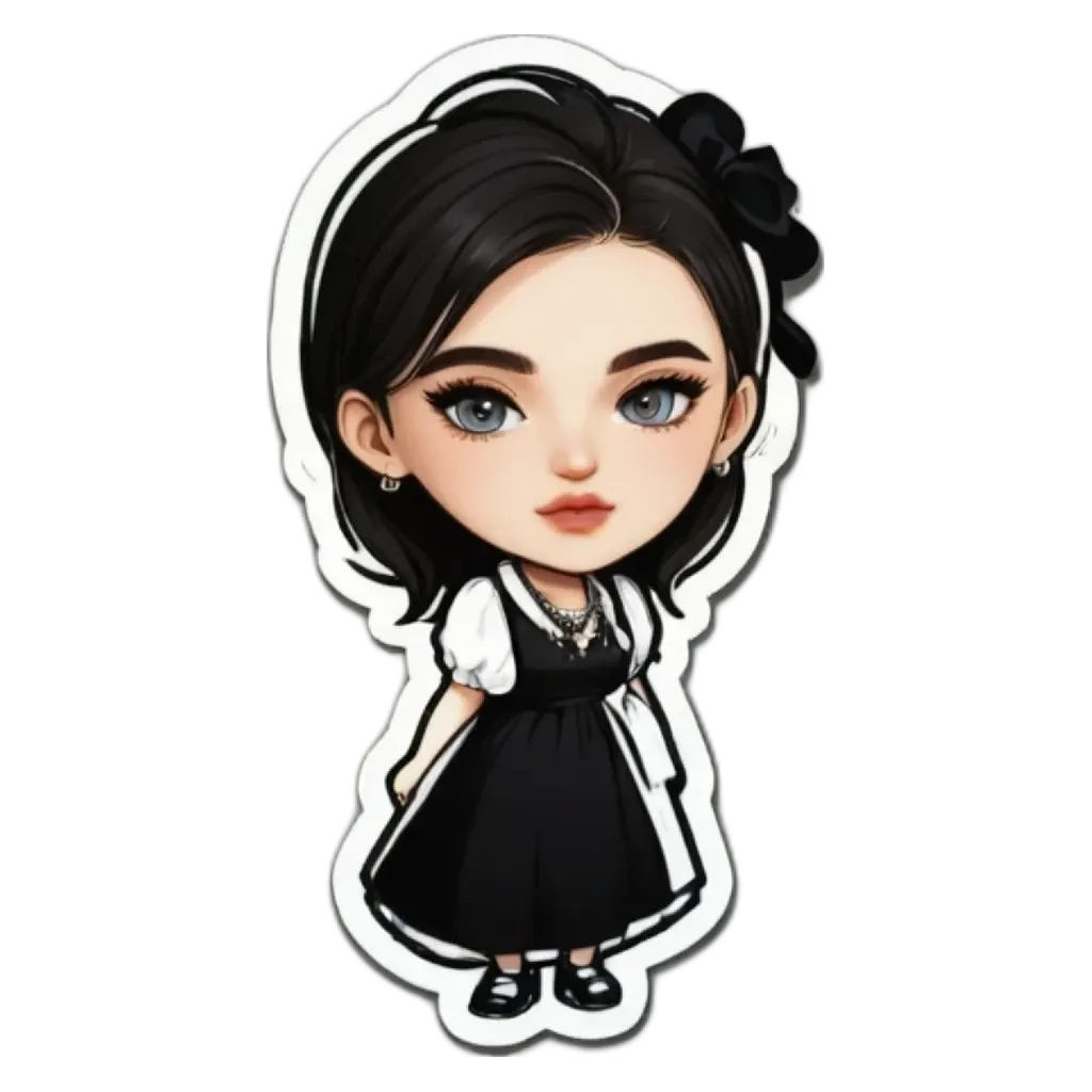 A girl with a bow in her hair is wearing a black dress.