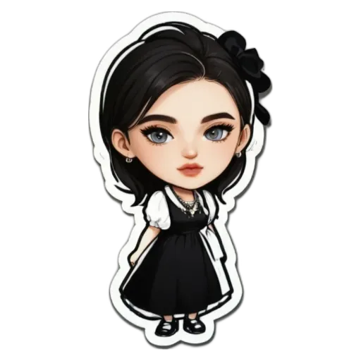 A girl with a bow in her hair is wearing a black dress.