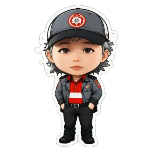 A child wearing a hat with a logo on it.
