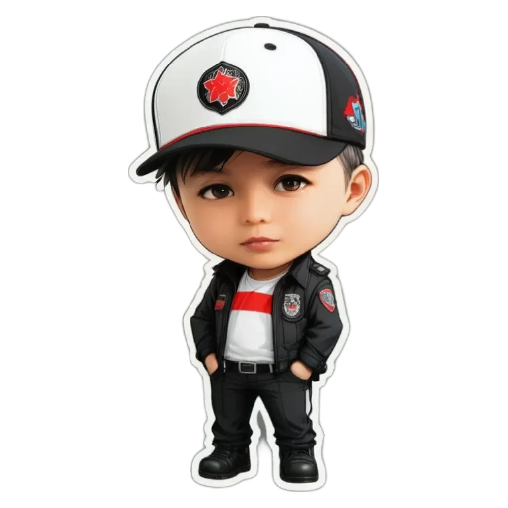 a boy that is wearing a hat and standing with his hands on his hips.