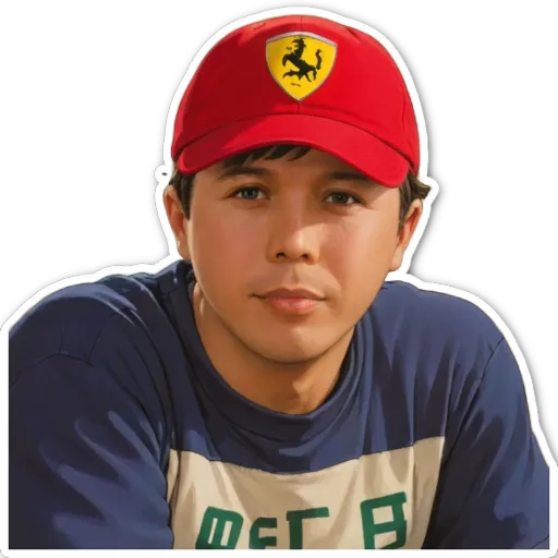 A young man wearing a blue and white shirt with a red hat with a ferrari on it.