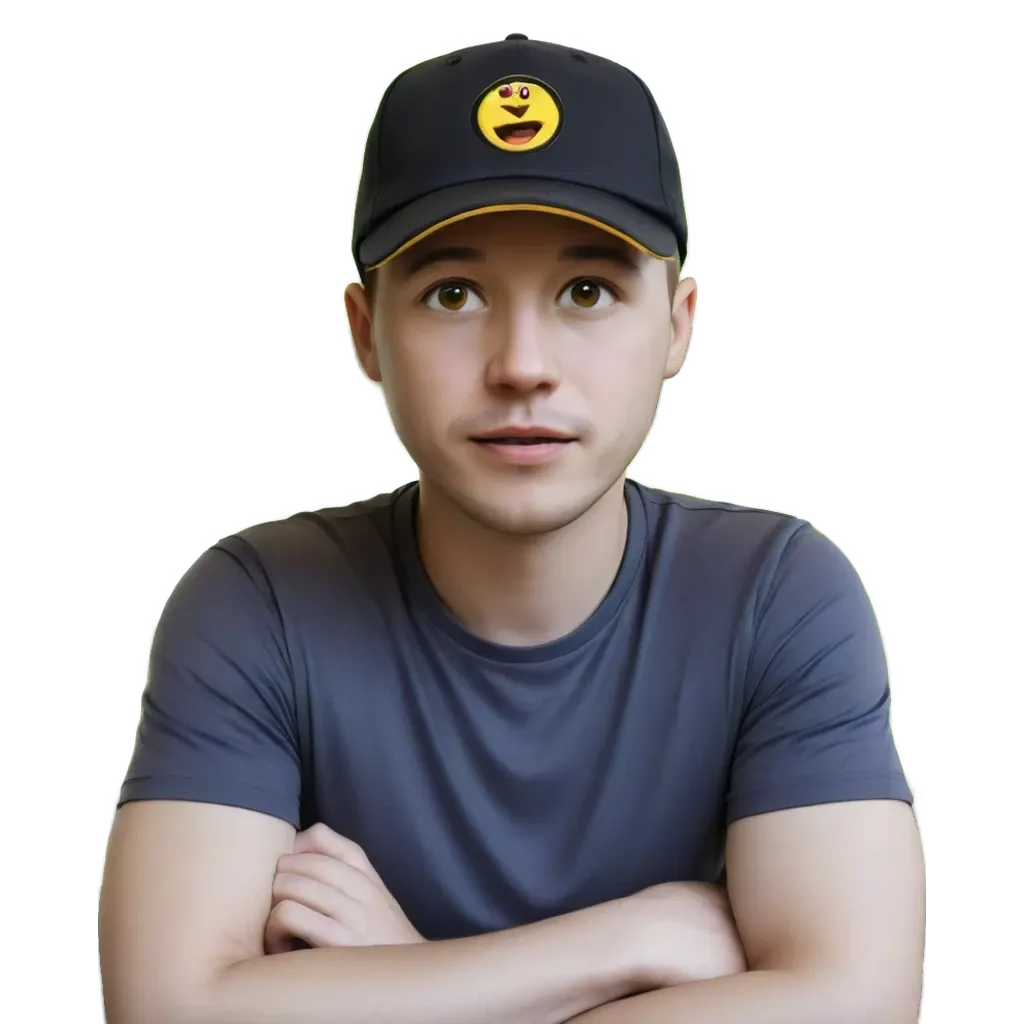 A young man wearing a blue shirt with a smiley face on a black hat.