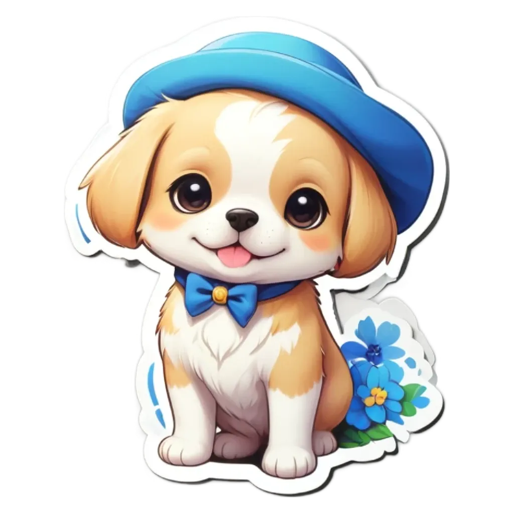 A dog in a cartoonish style hat sitting in front of a white background.