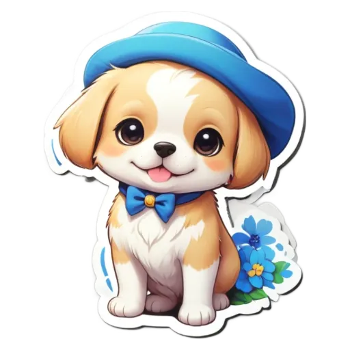 A dog in a cartoonish style hat sitting in front of a white background.
