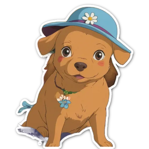A dog wearing a hat and flowers is sitting on the ground.