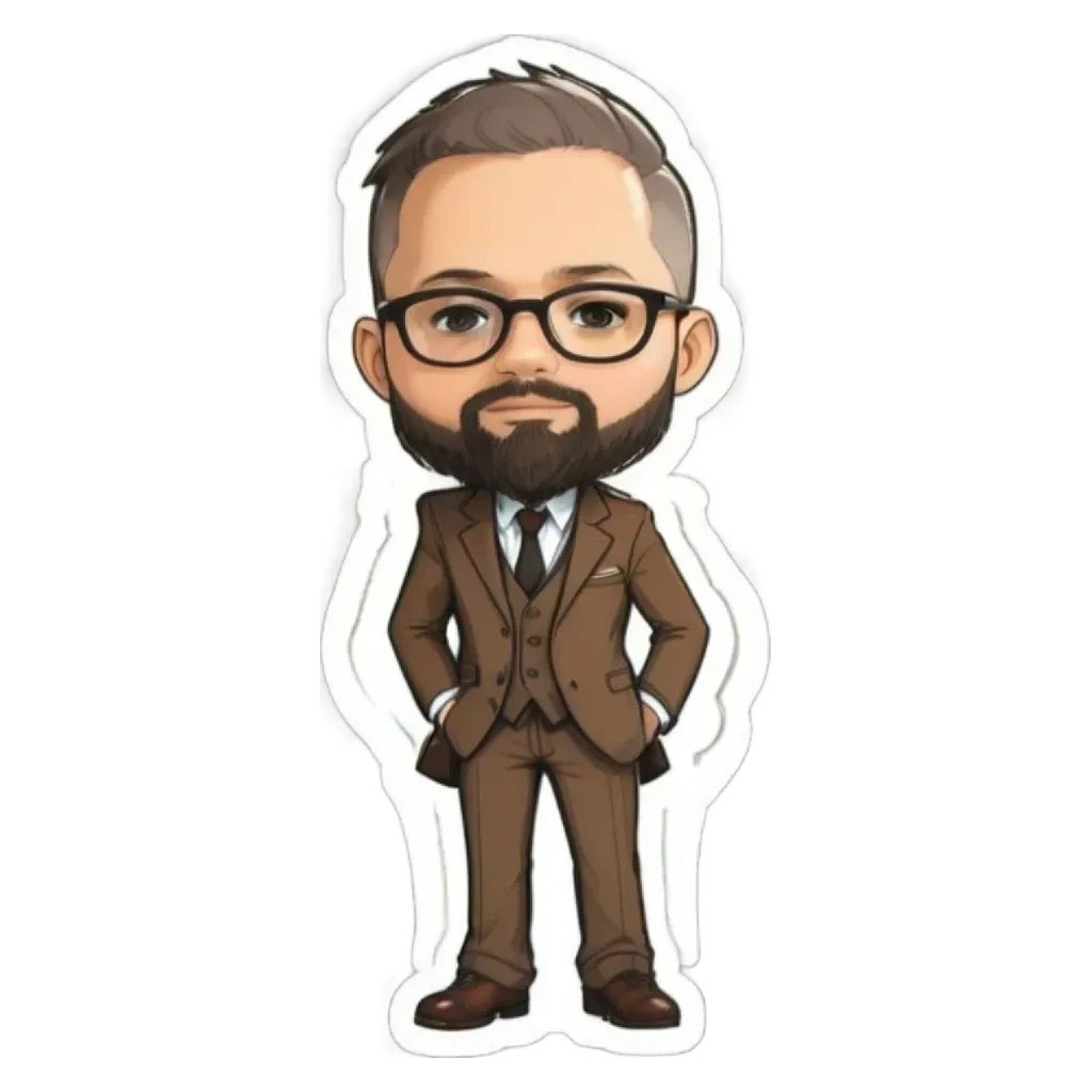 A cartoon character wearing a suit and glasses is standing up.