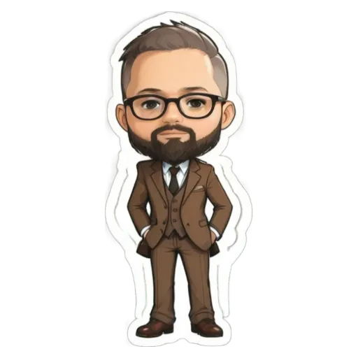 A cartoon character wearing a suit and glasses is standing up.