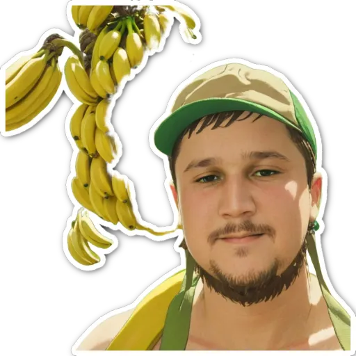 A man with a hat and green beard in front of a bunch of bananas.