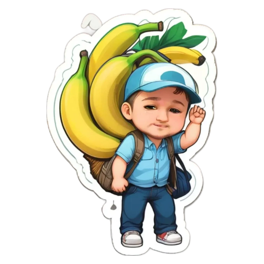 A cartoon image of a boy carrying bananas and wearing a blue hat.