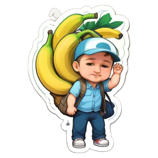 A cartoon image of a boy carrying bananas and wearing a blue hat.