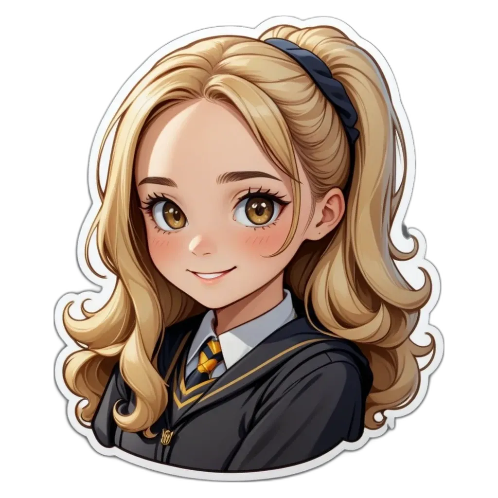 A sticker of a girl that is blonde and smiling.