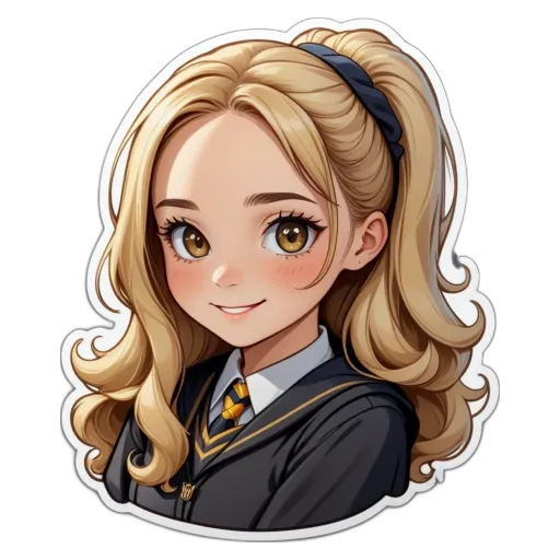 A sticker of a girl that is blonde and smiling.