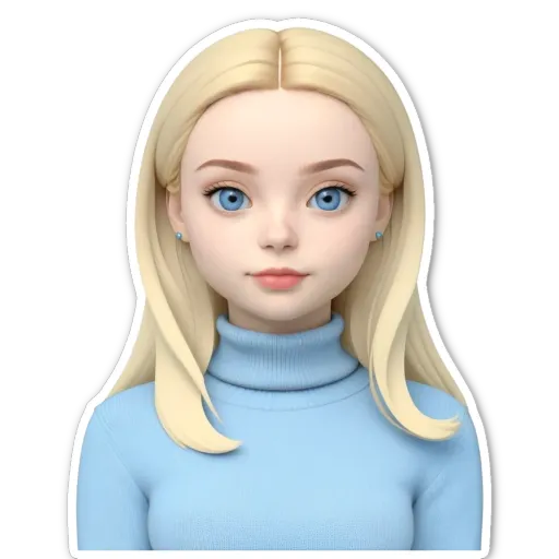 A girl with blue eyes and a blue sweater.