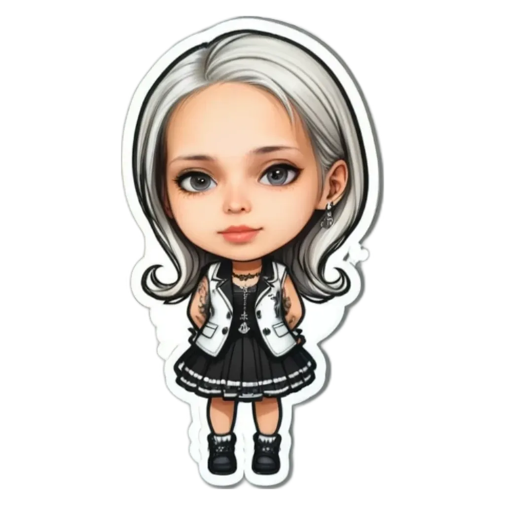 A girl with white hair and a black dress is standing on a black and white background.