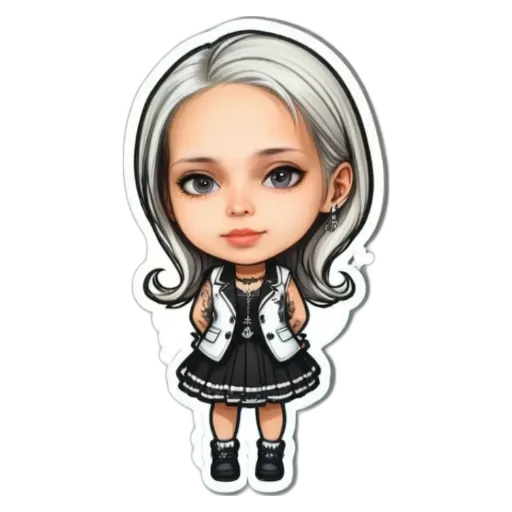 A girl with white hair and a black dress is standing on a black and white background.